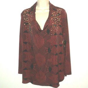 New Ellen Tracy Tunic M Red & Black Gold Studs